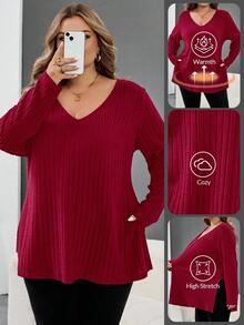 SHEIN CURVE+ 加大码 V 领罗纹下摆开衩蓝色 T 恤，秋冬女装，冬季，CURVE PLUS/秋冬 - 酒紅色 - 查看 1