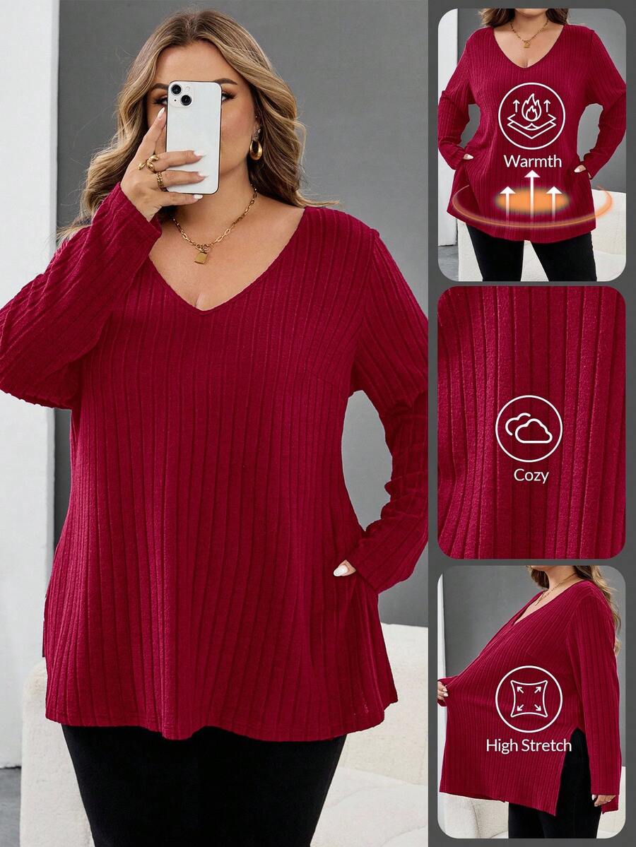 SHEIN CURVE+ 加大码 V 领罗纹下摆开衩蓝色 T 恤，秋冬女装，冬季，CURVE PLUS/秋冬 - 酒紅色 - 查看 1