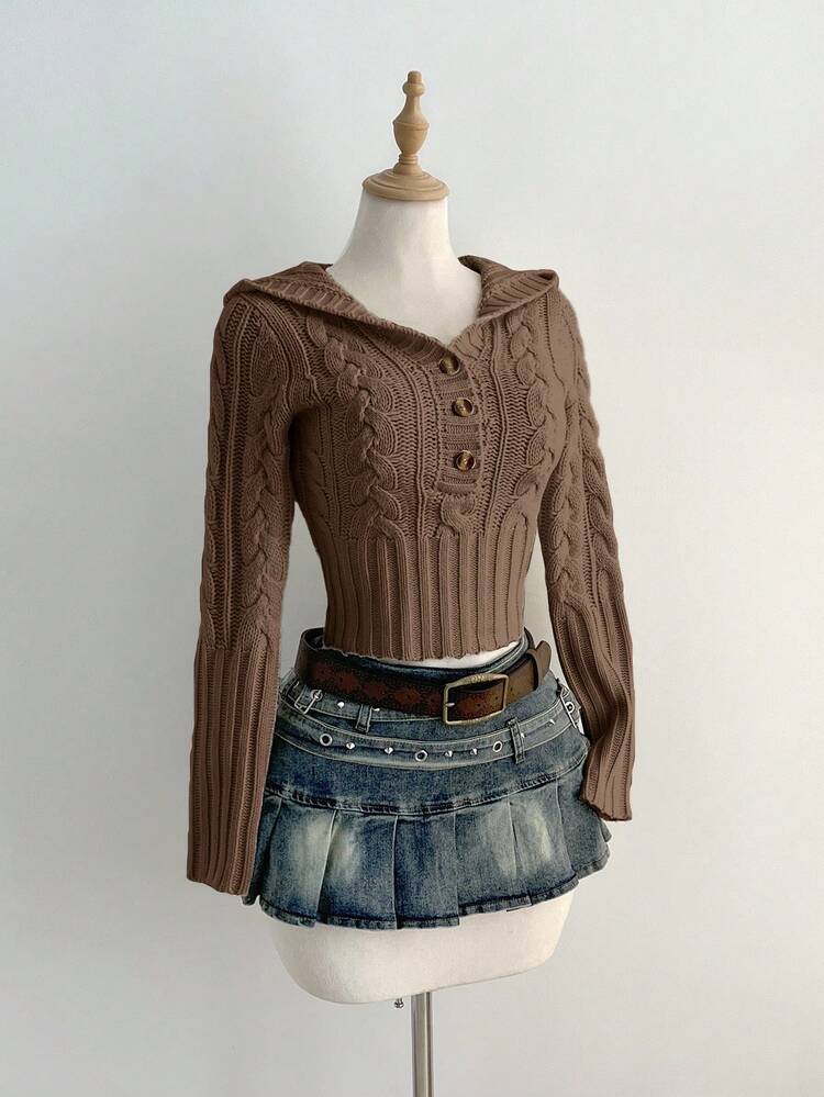 Flirla Casual Versatile Solid Color Cable Half-Zip Sweater - Brown - View 1