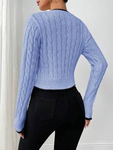 SHEIN Clasi 秋冬时尚蝴蝶刺绣V领粗针织女套头衫 - 藍色 - 查看 2