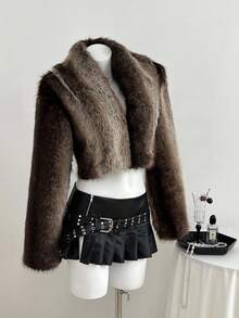 SHEIN Unity 1 件女式仿皮毛开衫，棕色，蓬松，休闲，通勤，冬季 - 卡其色 - 查看 6