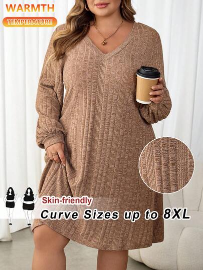 SHEIN CURVE+ Plus Size Women's Autumn And Winter Brown Brushed Knitted V-Neck Long Sleeved Short Women's Dress Thanksgiving Fall