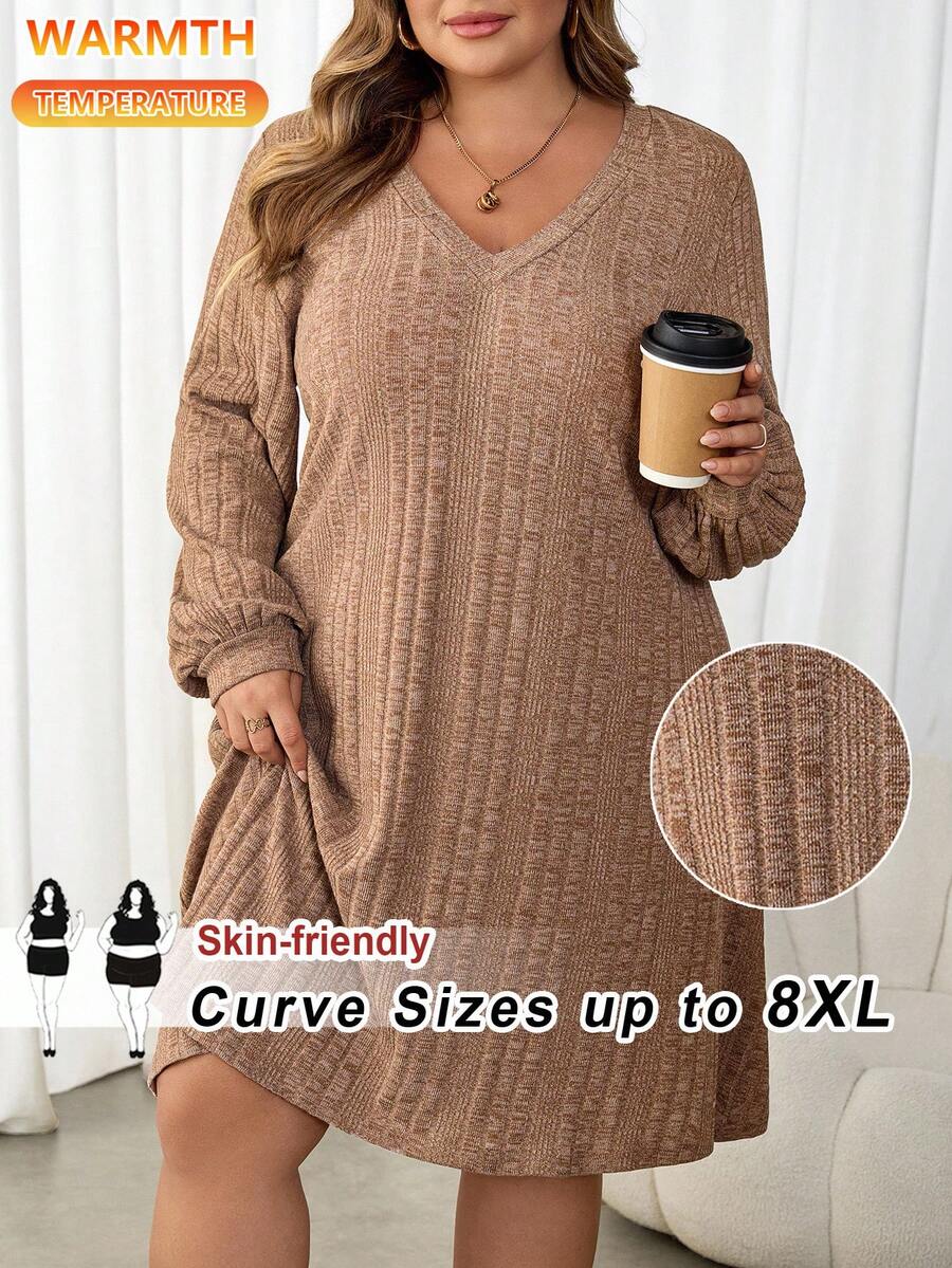 SHEIN CURVE+ 大码女装秋冬棕色拉绒针织V领长袖短款女装连衣裙 - 駝色 - 查看 1
