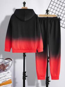 SHEIN 2 件套 Tween Boy 休闲渐变色手写字母图案连帽衫和松紧腰裤套装，适合秋季、春季、冬季，适合户外玩耍、学校、街头摄影、派对和居家休闲，性价比高 - 紅色 - 查看 2