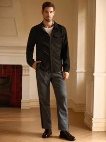 Mainfolk Camisa casual y versátil de unicolor para hombre, otoño - Negro - Ver 4