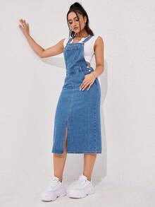 SHEIN PETITE 女式休闲水洗牛仔背带连衣裙