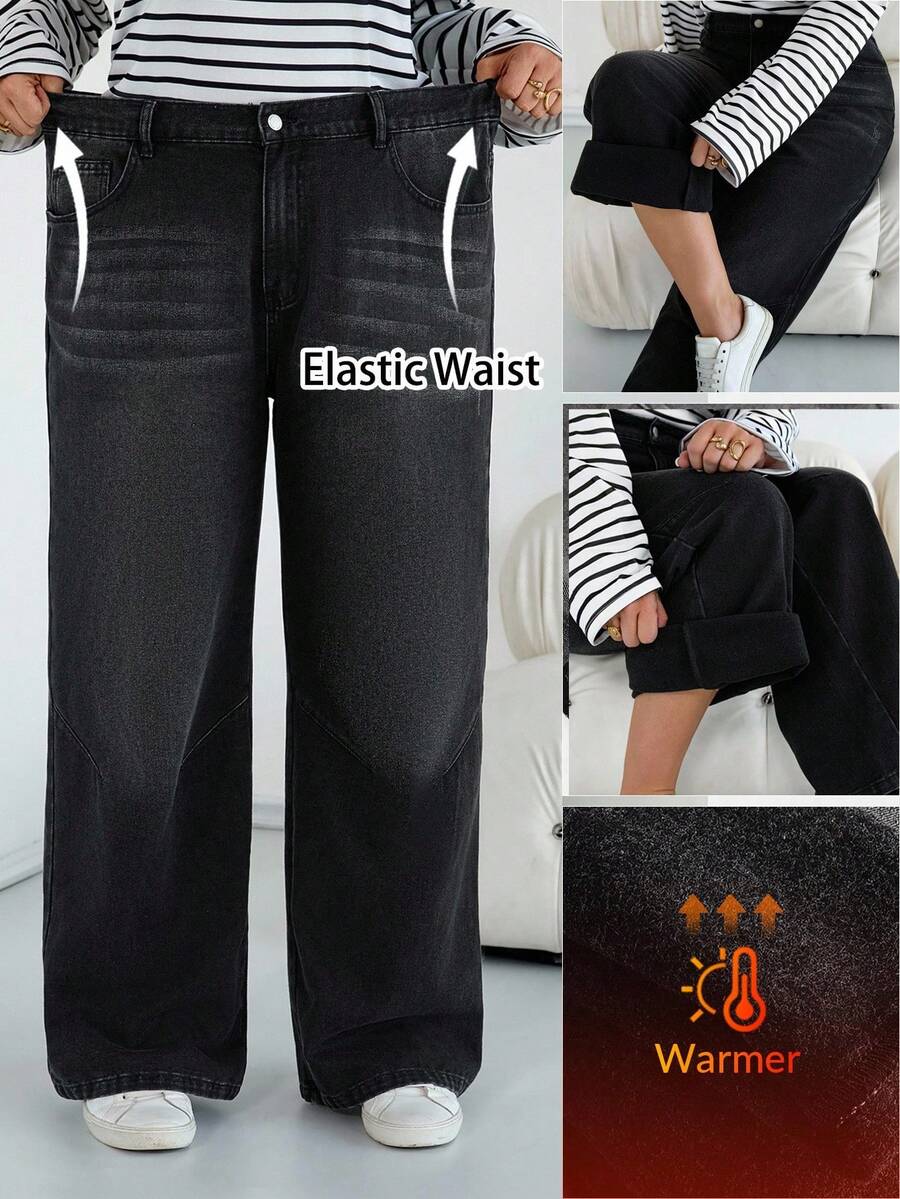SHEIN PETITE CURVE Jeans de tela térmica para mujer de talla grande, de ajuste holgado con bolsillos, pernera ancha, de estilo casual, color negro, de corte relajado y talla grande para mujer, pantalones vaqueros cómodos - Negro - Ver 1