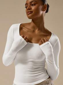MUSERA ESSENTIALS Top de manga larga con cuello de escote redondo ajustado, básico elegante, sexy y apropiado para primavera y verano - Blanco - Ver 2