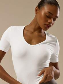 MUSERA ESSENTIALS Áo kiểu dáng ôm sát, cổ chữ V khoét sâu, tay ngắn xắn gấu, chất liệu cotton pha, thanh lịch, cơ bản, gợi cảm, thích hợp cho mùa thu, xuân hè, đi nghỉ mát. - trắng - Xem 2