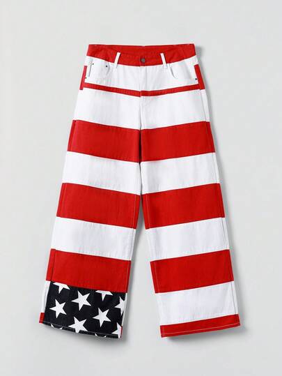 Street Life Herren Loose Fit Lässig Hose mit US-Flaggen Muster und Tasche
