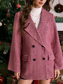 LanaWest 仿大衣女套装羊绒大衣小号复古格子圣诞西部女士羊毛大衣 - 紅白色 - 查看 3