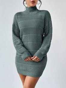 RosyDaze Váy len dệt kim họa tiết cổ cao tay dài trễ vai màu trơn dành cho nữ, mùa thu/đông - Xám - Xem 6