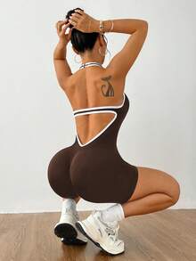 Dewbera Women's Backless Halter Neck Seamless Romper Yoga Romper Tummy Control Romper Fitness Romper Sporty Romper - Coffee Brown - View 2