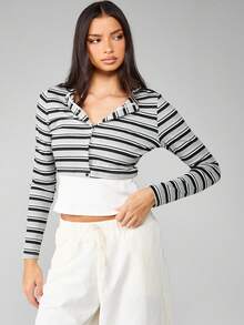 MISSGUIDED Top corto a rayas gris con cierre delantero de botones, inspirado en el estilo Y2K, clásico retro de manga larga para uso diario casual, estilo acanalado, diseño contemporáneo de dos tonos con cuello - Multicolor - Ver 1