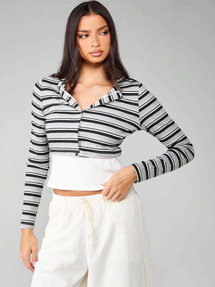 MISSGUIDED Grey Striped Crop Button Front Long Sleeve Collared Top