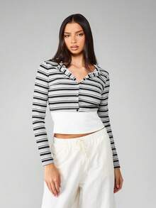 MISSGUIDED Top corto a rayas gris con cierre delantero de botones, inspirado en el estilo Y2K, clásico retro de manga larga para uso diario casual, estilo acanalado, diseño contemporáneo de dos tonos con cuello - Multicolor - Ver 4