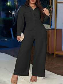 INAWLY Plus Size Women Casual Solid Color Jumpsuit With Front Opening - Black - View 5