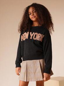 SUMWON Premium Girls Knit City Sweater Textured Winter Pull Over Retro Script Jumper Cozy Holiday Casual Letter Print Varsity Style Long Sleeve Pullover Top - Dark Grey - View 5