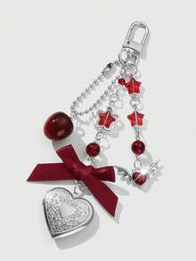 ROMWE Kawaii 1pc Y2K Fashionable Delicate Silver Hollow Resin Star Wing Heart Ribbon Bow Crystal Strawberry DIY Heart Keychain Bag Charm, Suitable For Women/Girls Daily Wear, Holiday Gift - Burgundy-54 - View 4