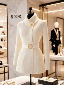 Franclia 新款优雅温柔知性高领收腰厚针织毛衣连衣裙女秋冬 - 白色 - 查看 1