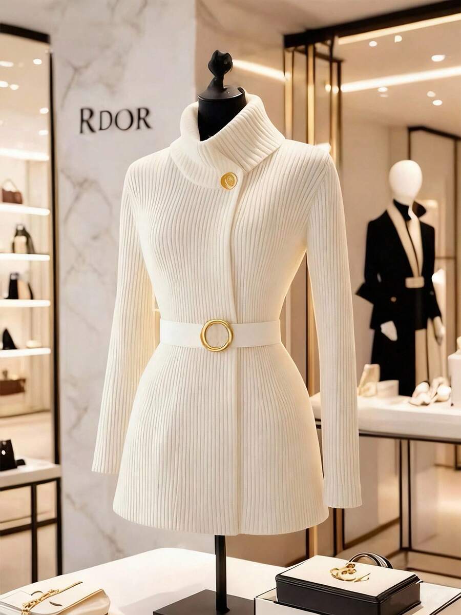 Franclia 新款优雅温柔知性高领收腰厚针织毛衣连衣裙女秋冬 - 白色 - 查看 1