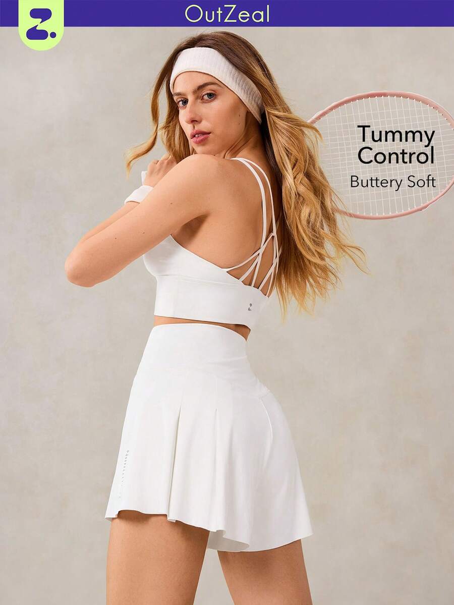 OutZeal Tummy Control High Waist Built-In Shorts Pleated Shorts Tennis Gym Sports - White - View 1