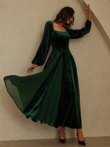 SHEIN LUNE Autumn English Style Korean Fleece & Pearl Chiffon Hem Splice Oversized Swing Long Sleeve Dress - Multicolor - View 6