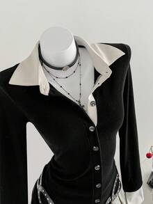 Elamini New Autumn/Winter Contrast Color Button-Up Slim Fit Versatile Office Lady Shirt - Black - View 4