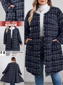 SHEIN CURVE+ Curve 大码/秋装/秋季女装/女冬装/冬装大码女式冬季夹克，仿粗花呢图案前开长袖外套，配珍珠纽扣和口袋，大码女装 8xl 大码外套，大码冬季外套，大码粗花呢外套，女士秋装，冬季，CURVE PLUS/秋季/冬季 - 藏蓝色 - 查看 1