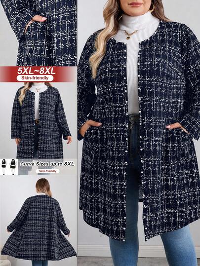 SHEIN CURVE+ Curve 大码/秋装/秋季女装/女冬装/冬装大码女式冬季夹克，仿粗花呢图案前开长袖外套，配珍珠纽扣和口袋，大码女装 8xl 大码外套，大码冬季外套，大码粗花呢外套，女士秋装，冬季，CURVE PLUS/秋季/冬季