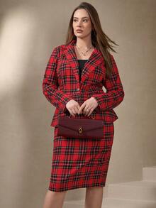 Chikora 加大码格子印花长袖上衣和半裙两件套西装裙套装格子套装红色格子连衣裙女装 - 黑與白 - 查看 4