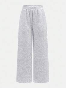SHEIN Quần nỉ ống đứng dáng rộng, màu xám nhạt, lót nhiệt cho bé gái tuổi mới lớn, thích hợp mặc hàng ngày, quần lót giữ nhiệt cho mùa thu/đông, quần nỉ ống rộng màu xám, quần thoải mái, quần nỉ ống loe, quần mặc ở nhà - Xám - Xem 2