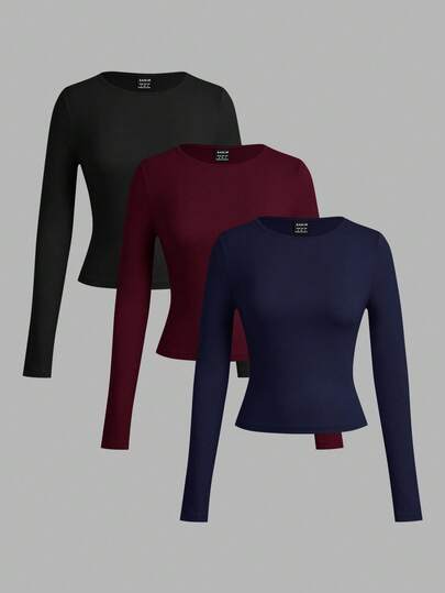 SHEIN EZwear 3pcs Women Casual Wide Neck Bodycon Long Sleeve T-Shirt Set, Autumn/Winter