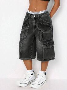 SHEIN ICON 女性休閒日常牛仔短褲，設有口袋設計 - 深灰色 - 查看 5