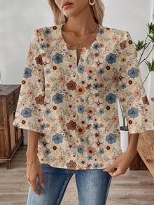 EMERY ROSE Blusa de trabajo con cuello en V y mangas 3/4 para mujer, adecuada para otoño/invierno, con estampado floral diminuto y vintage