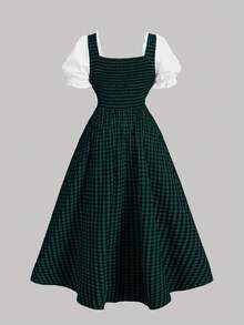 SHEIN MOD Plus Size Vintage Green Plaid Patchwork Dress For Women, Spring - Green - View 2