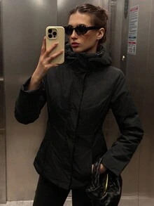 DAZY 女士连帽防风夹克，纯色修身款，收腰设计，黑色短款加厚保暖内衬外套，冬季女式外套 - 黑色 - 查看 8