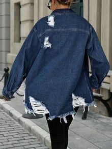 SHEIN LUNE 破洞前扣口袋磨损下摆长袖牛仔夹克 - 深色水洗藍 - 查看 2