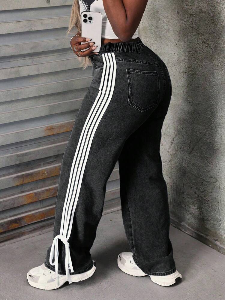 SHEIN Slayr Jeans de cintura alta holgados con cinta lateral, estilo europeo y americano - Gris Oscuro - Añade 9