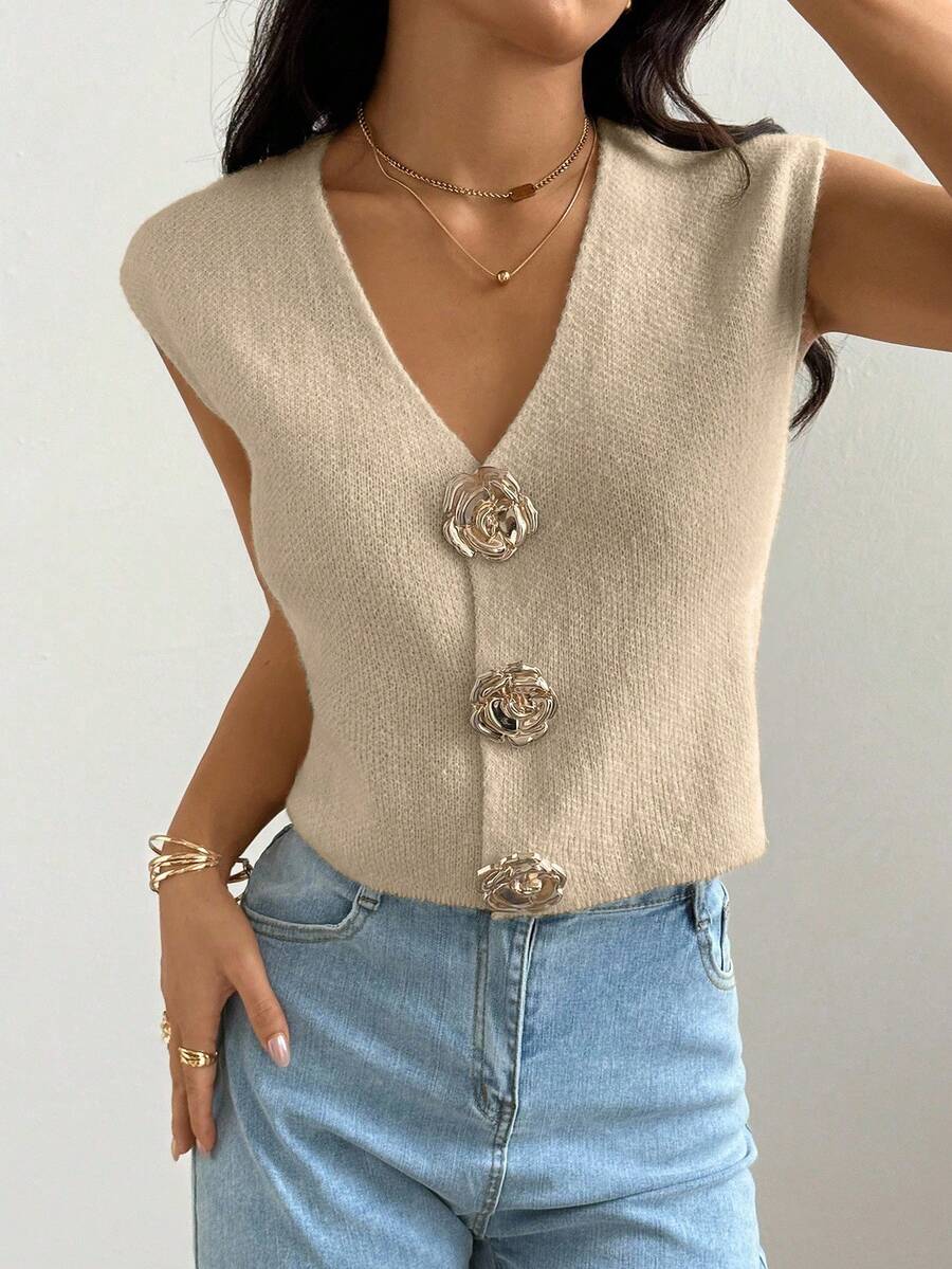 Almamuse 全新夏季法式优雅设计轻盈针织背心女衫 - 卡其色 - 查看 1