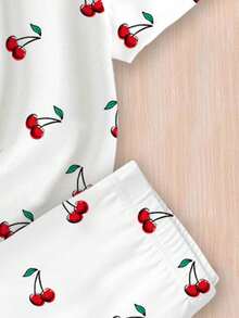 SHEIN Tween 女童休闲可爱复古樱桃印花贴身短袖圆领 T 恤和紧身裤家居服套装，Gal 风格，日式甜美，JP 少女时尚 - 彩色 - 查看 6