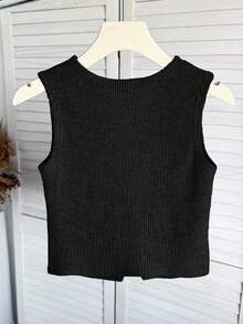 SHEIN Tween Girl Casual Solid Khaki Ribbed Knit Top Cute Black Tops Girls Tops Black Top For Kids Girl Front Open Black Top