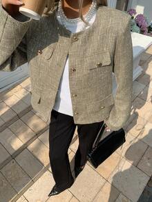 Livesso 女士休闲常规款夹克，复古硬币图案，秋季女式外套 - 卡其色 - 查看 4