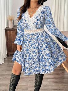 SHEIN Frenchy Váy tay bồng in họa tiết hoa cỡ lớn quấn chéo phía trước - Nhiều màu - Xem 3