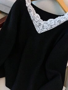 EMERY ROSE New Elegant Lace Trim V-Neck Soft & Versatile Plus Size Women Knit Pullover Top Winter - Black - View 8