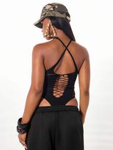 SUMWON WOMEN Mesh Panel Cross Back Sleeveless Bodysuit With Cutout Detail Festival Club Party Summer Beach Wear Stretch Form Fitting Strappy Halter Neck Design - Black - View 3