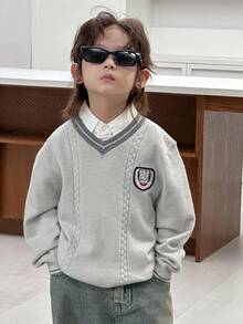 DAZY Young Boy V-Neck Long Sleeve Collegiate Sweater, Autumn/Winter - Grey - View 4