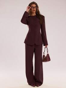 SHEIN BAE Bộ 2 bộ vest và quần âu đơn hàng tối giản màu trơn dành cho nữ, đi làm/đi chơi - Màu Đỏ Sâu - Xem 3