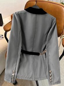 GlowEve Women's Plaid Contrast Trim Button Decor Pocket Elegant Daily Commute Versatile All-Match Black & White Plaid Blazer - Multicolor - View 2