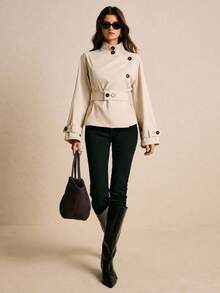 Poéselle 女式纯色立领长袖休闲通勤风衣，秋季 - 米色 - 查看 5